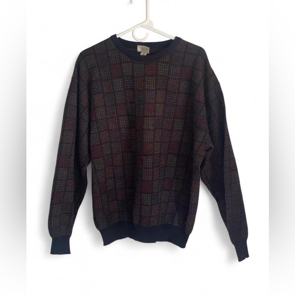 Vintage 90 plaid wool sweater crewneck men M colorful grunge fisherman granpa